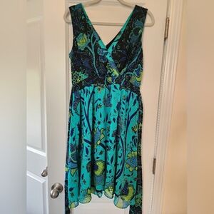 Lovely By Adrienna Papell Floral V-Neck Sleeveless Dress - Blue and Green S10